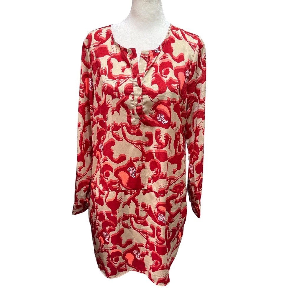 Swirl Print Drop Waist Shift Dress Red Orange‎ Tan Long Sleeve Pockets M #1040